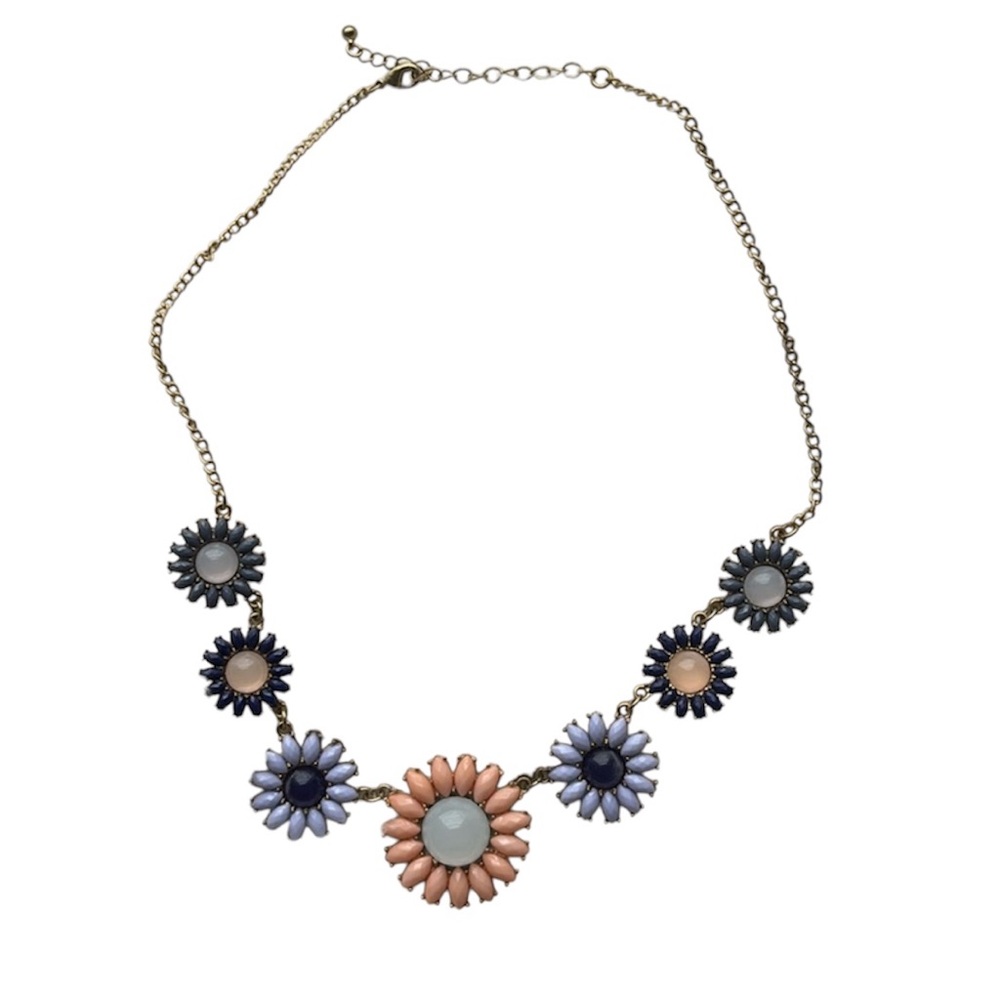 Gold Color Floral Flower Jewelry Necklace Blues Coral Pink